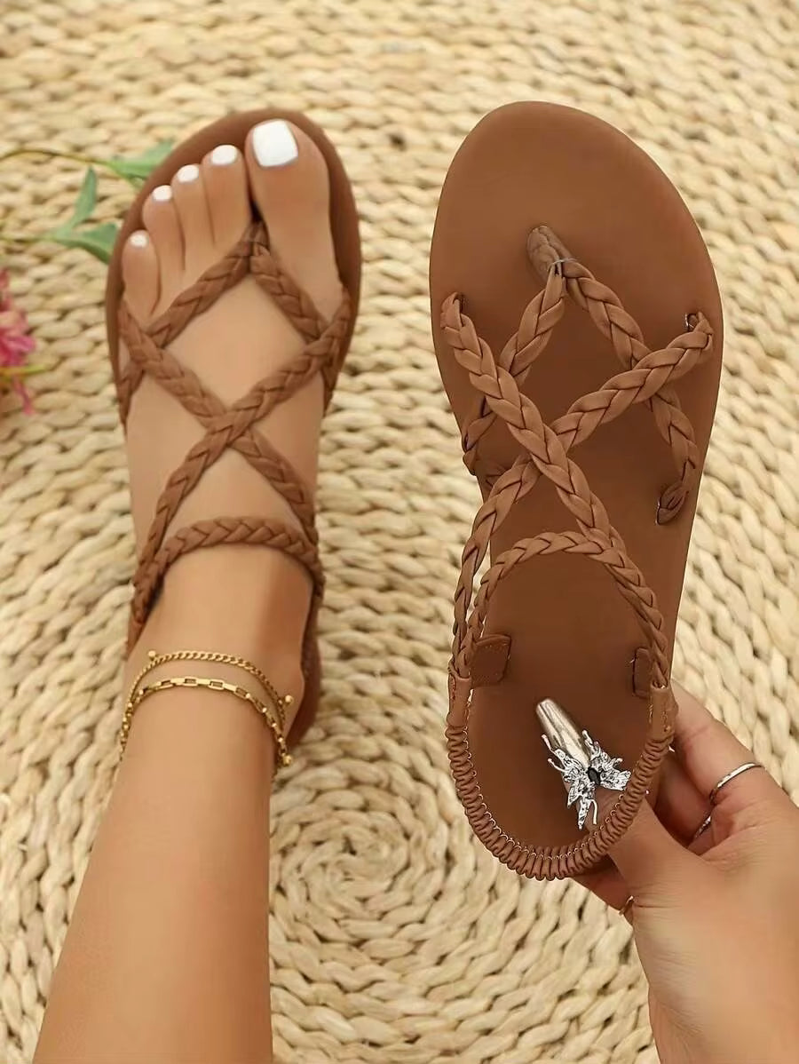 Breezelady Women's Summer New Leopard Braided Flat Sandals Vacation, Beach Fashion Casual Outerwear One Pedal Sandals, Boho Chic