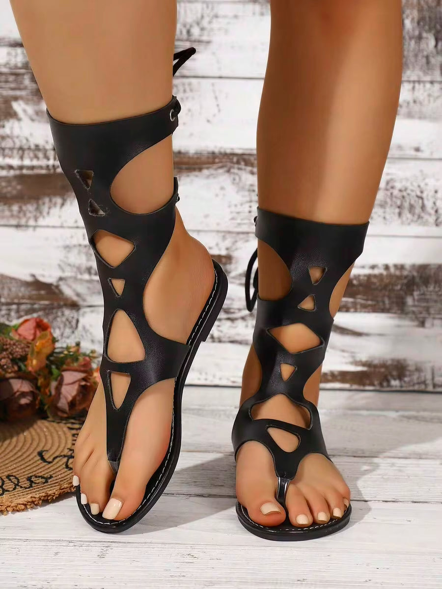 Women's Summer New High-Top Open Toe Lace-Up Design Hollow Out Rivet Inlaid Comfortable Fashion Casual Roman Sandals,Flip Flops